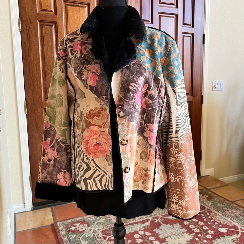 Vintage Weavz Y2K Faux Suede Fur Multi Color Pattern Jacket Size Medium